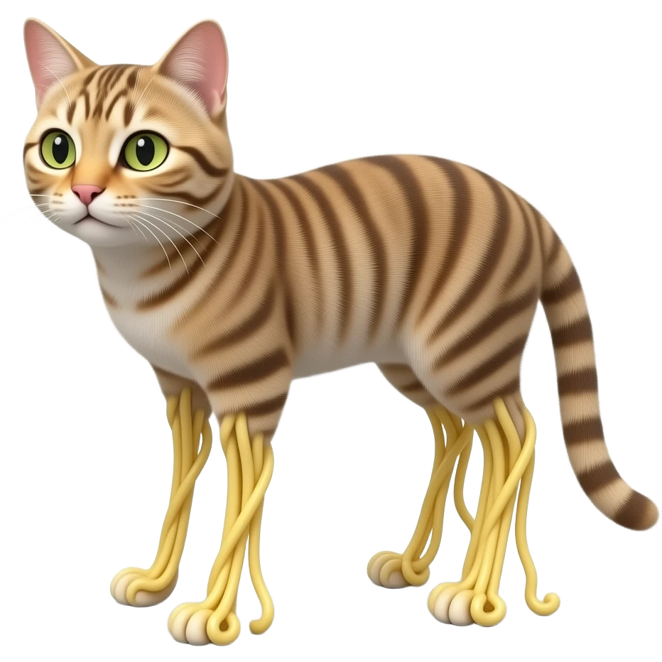 3D emoji of a cat with impossibly long, thin, spaghetti-like legs. The legs are extremely elongated and spindly, making the cat stand absurdly tall. Polished 3D emoji style. emoji