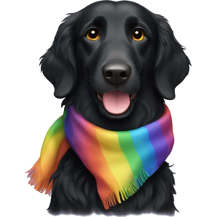 slim black flat coated retriever with rainbow scarf happy face emoji