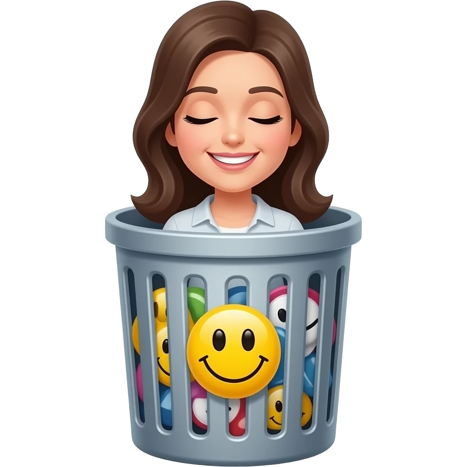 A woman smiley emoji face with eyes close in a trash can emoji