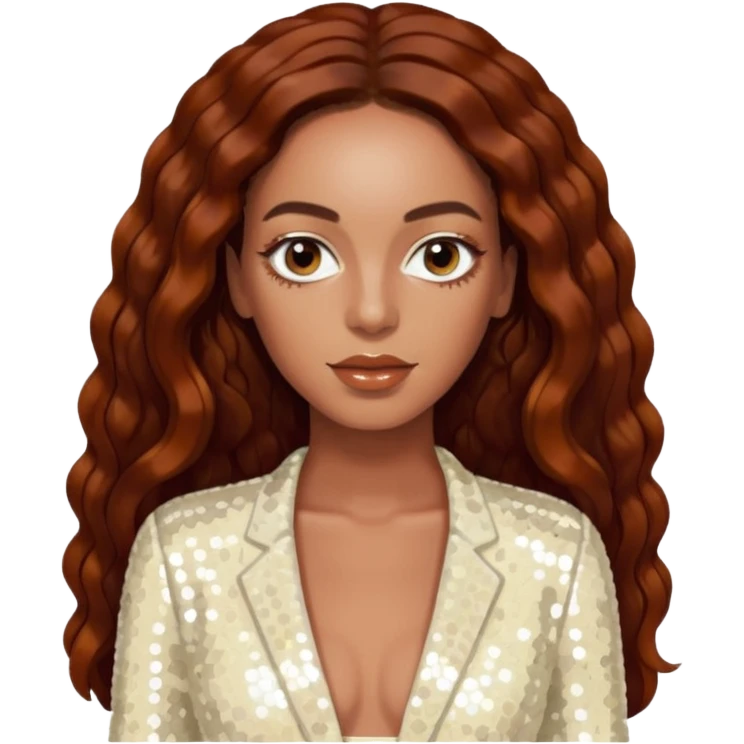 Solange with long dark auburn hair, ivory sequin outfit  emoji