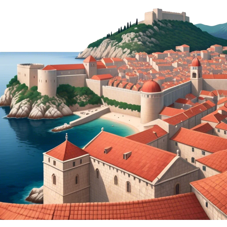 Cinematic Realistic Dubrovnik Landmark Emoji, depicted with historic fortified walls and red‚Äêtiled roofs rendered with intricate detail and dynamic, coastal lighting. emoji
