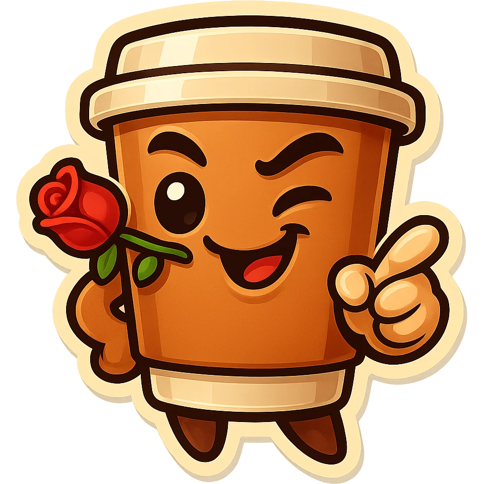 Tall coffee cup, rose in mouth, wiggle eyebrow, smirk, pointing at viewer emoji