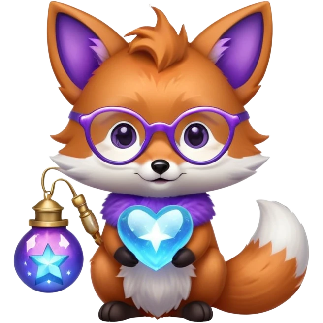 A small magical fox with shimmering purple and blue fur, a glowing fluffy tail, a silver star on its forehead, and round glasses, holding a tiny magical lantern, with heart-shaped eyes, looking in love. 🦊😍 emoji