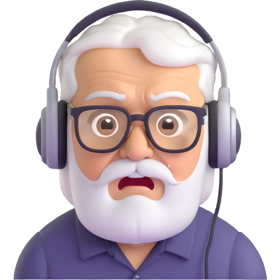 Brown old man with medium white hair, wearing glasses and headphones, looking surprised and angry, no facial hair, chubby, looking to the upper left corner emoji
