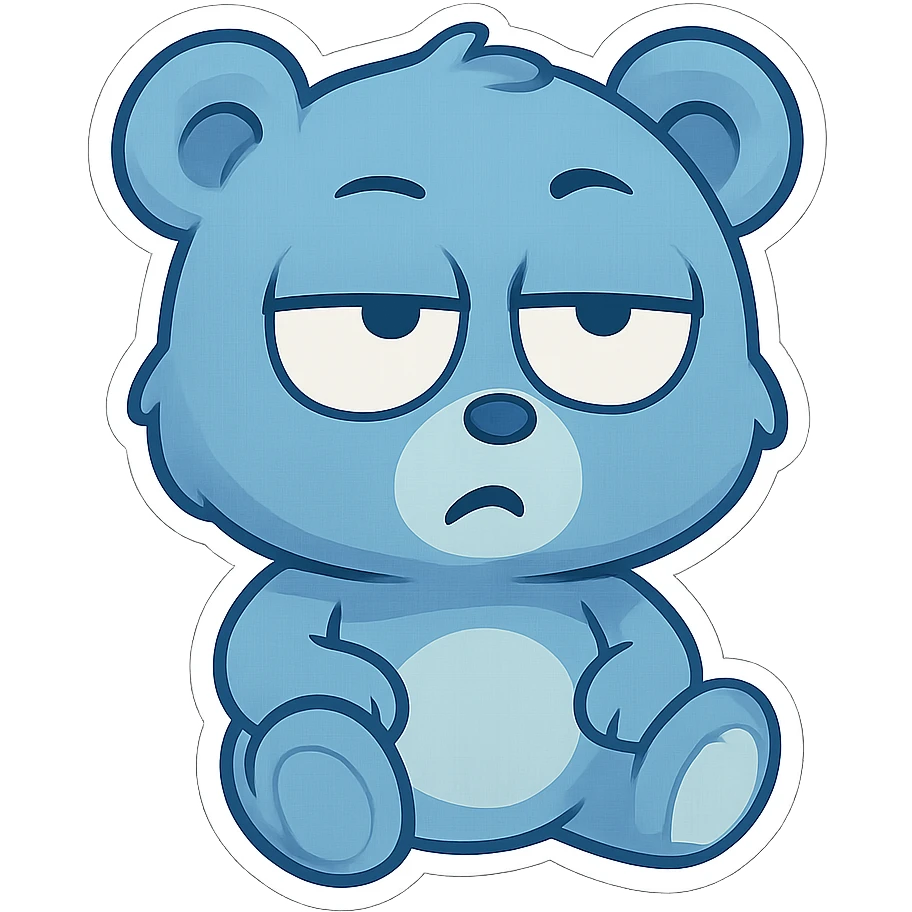blue teddy bear rolling its eyes, chibi style, exaggerated expression emoji