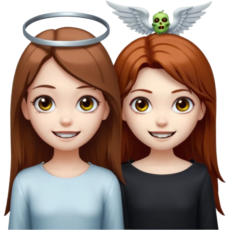девушка ангел с нимбом и крыльями, с рыжими прямыми волосами по плечи, с улыбкой, стоит рядом с девушка зомби с темными длинными прямыми золосами, со злым выражением лица и ровными белыми зубами в стиле Apple avatar emoji