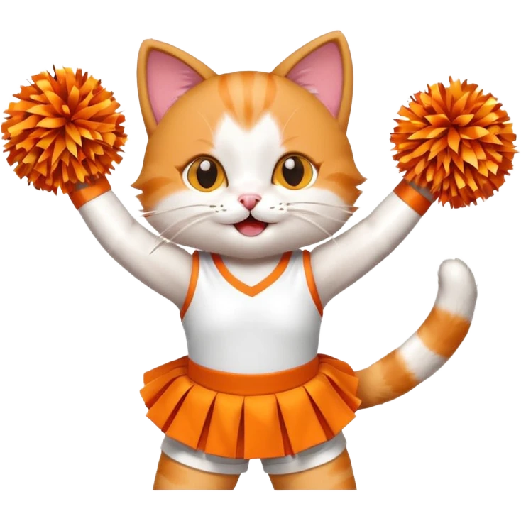 A cat in a tiny cheer outfit shaking pom-poms with bright enthusiasm. emoji