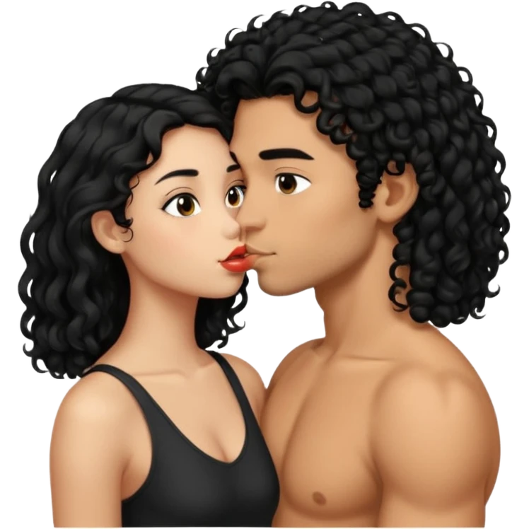 a strong man with short straight black hair kissing a shorter girl with long black curly hair emoji