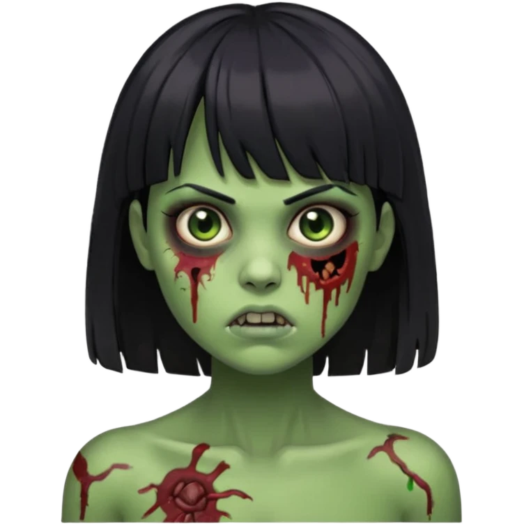 Um zumbi feminino, com cabelo preto e franja, machucados pelo rosto e torso, fundo escuro destacando o rosto com sombras pele verde emoji