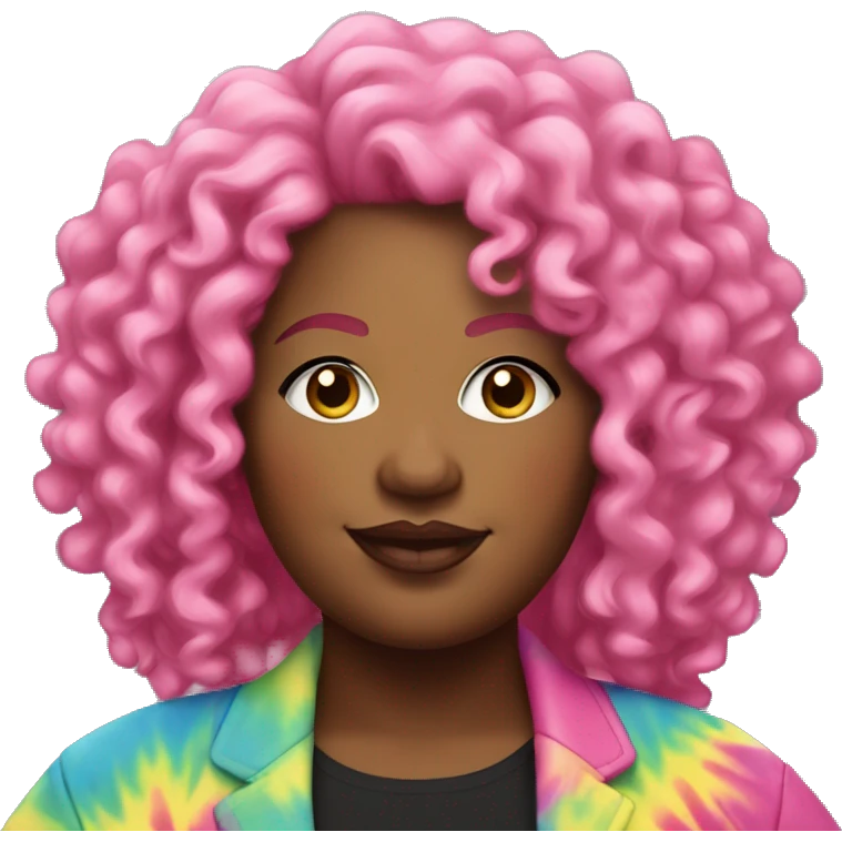 Plus size black woman with pink curly hair and a tie dye jacket  emoji