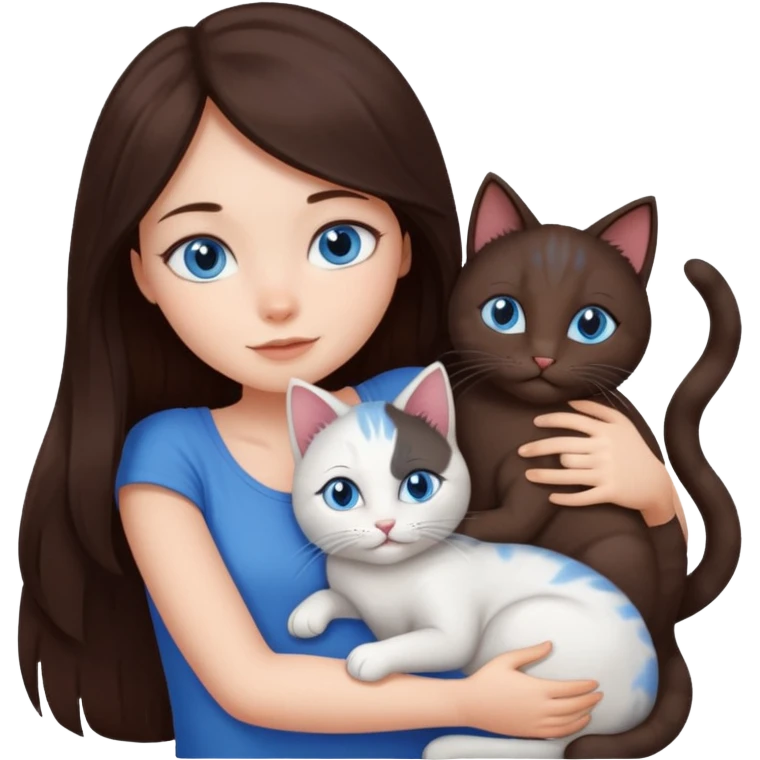 a girl with long dark 
brown hair, with blue eyes, hugs 3 different natural coloured cats emoji