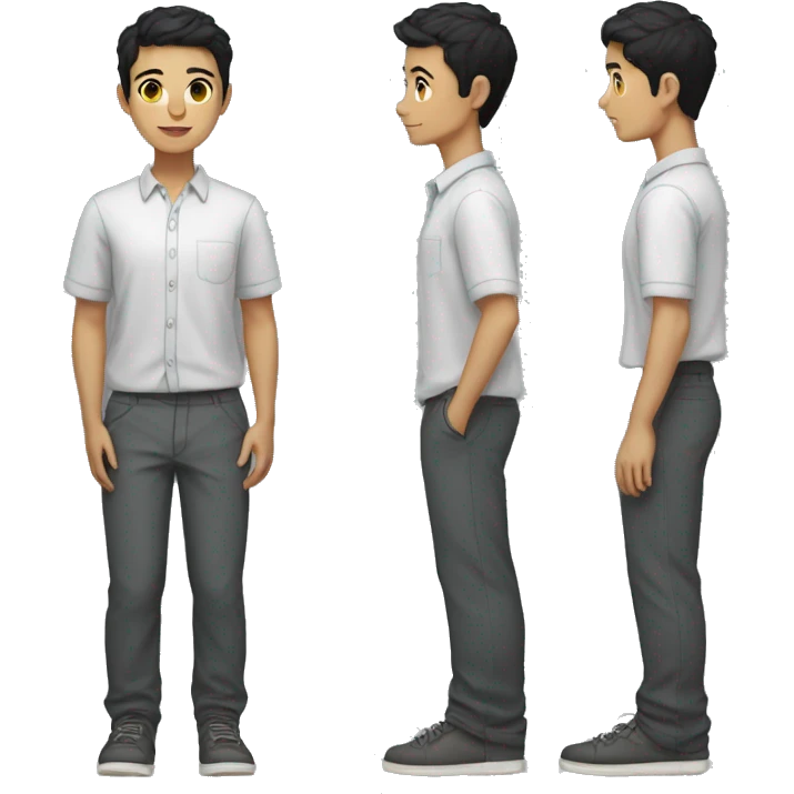 a light-skinned student with short black hair wears a full-length shirt and trousers emoji