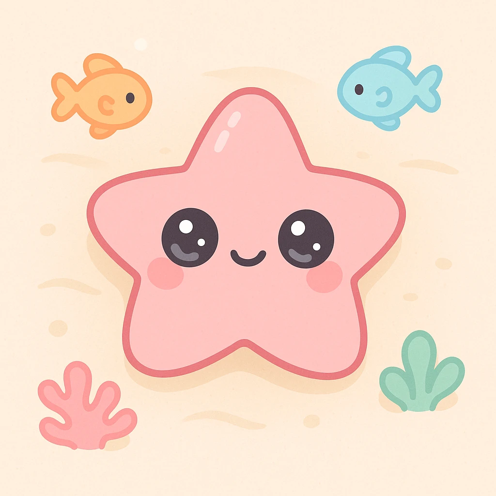 starfish on sandy beach, top-down view, extremely cute underwater cartoon creature with a big round head, huge sparkling eyes, small smiling mouth, and pink shiny skin, rosy cheeks, soft pastel colors, plastic toy-like texture, chibi style, surrounded by colorful fish and coral, gentle lighting, 3D-rendered, high detail, kawaii aesthetic emoji