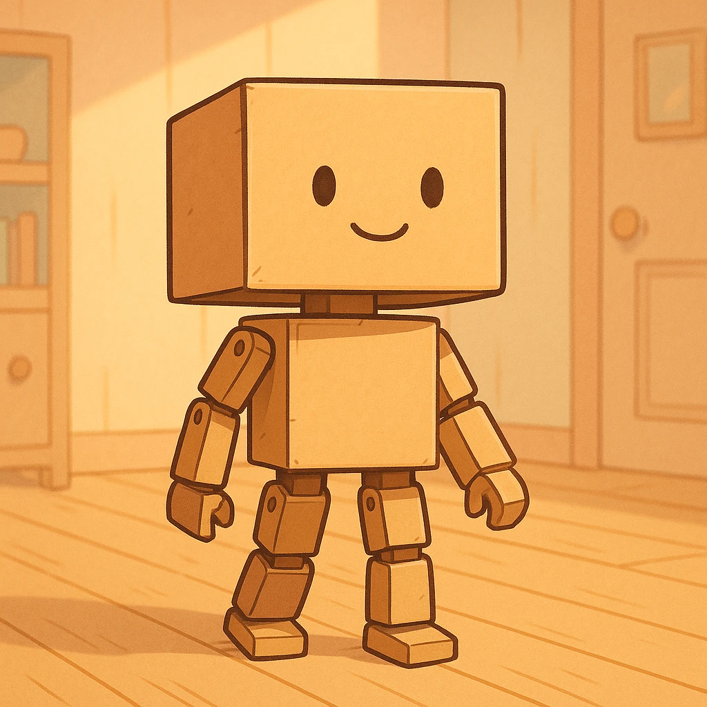 cartoonish cardboard robot with square head, simple drawn face, jointed limbs, standing in a warm, softly lit room with wooden floor, pastel colors, clean lines, nostalgic and cozy emoji