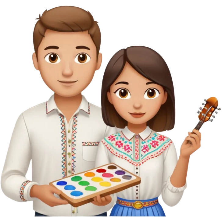 a guy in a white Ukrainian embroidered shirt and a girl in a white Ukrainian embroidered shirt, holding music and a paint palette emoji