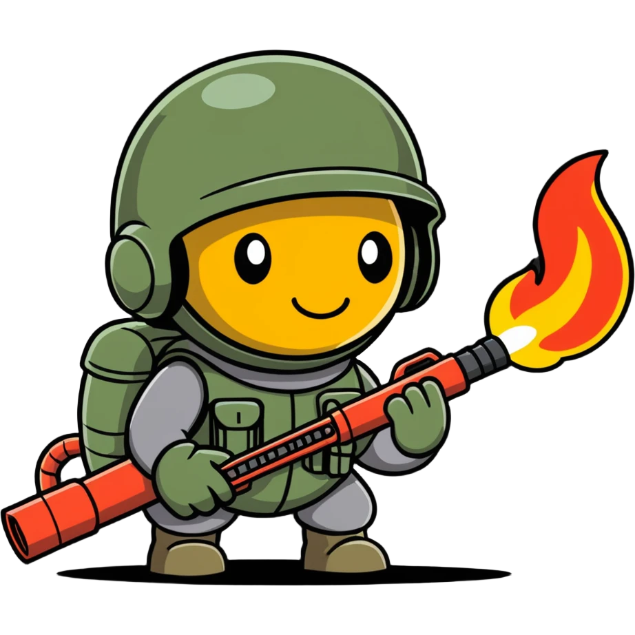 worm from Worms game wearing an army helmet and holding a flamethrower emoji