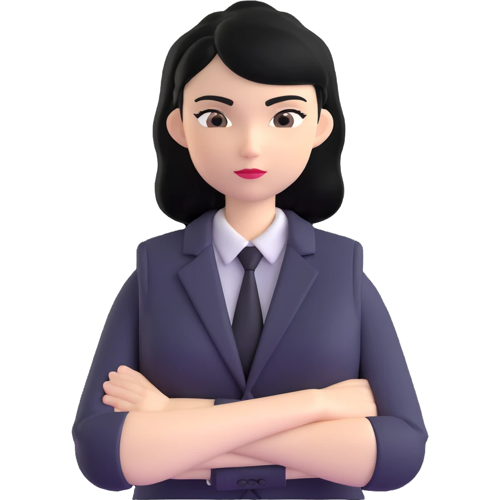 white woman with black hair in a suit, arms crossed emoji