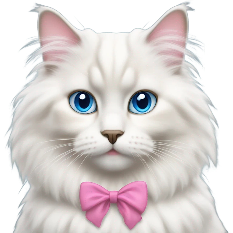 white fluffy ragdoll cat with big blue eyes and a pink bow on its right ear emoji