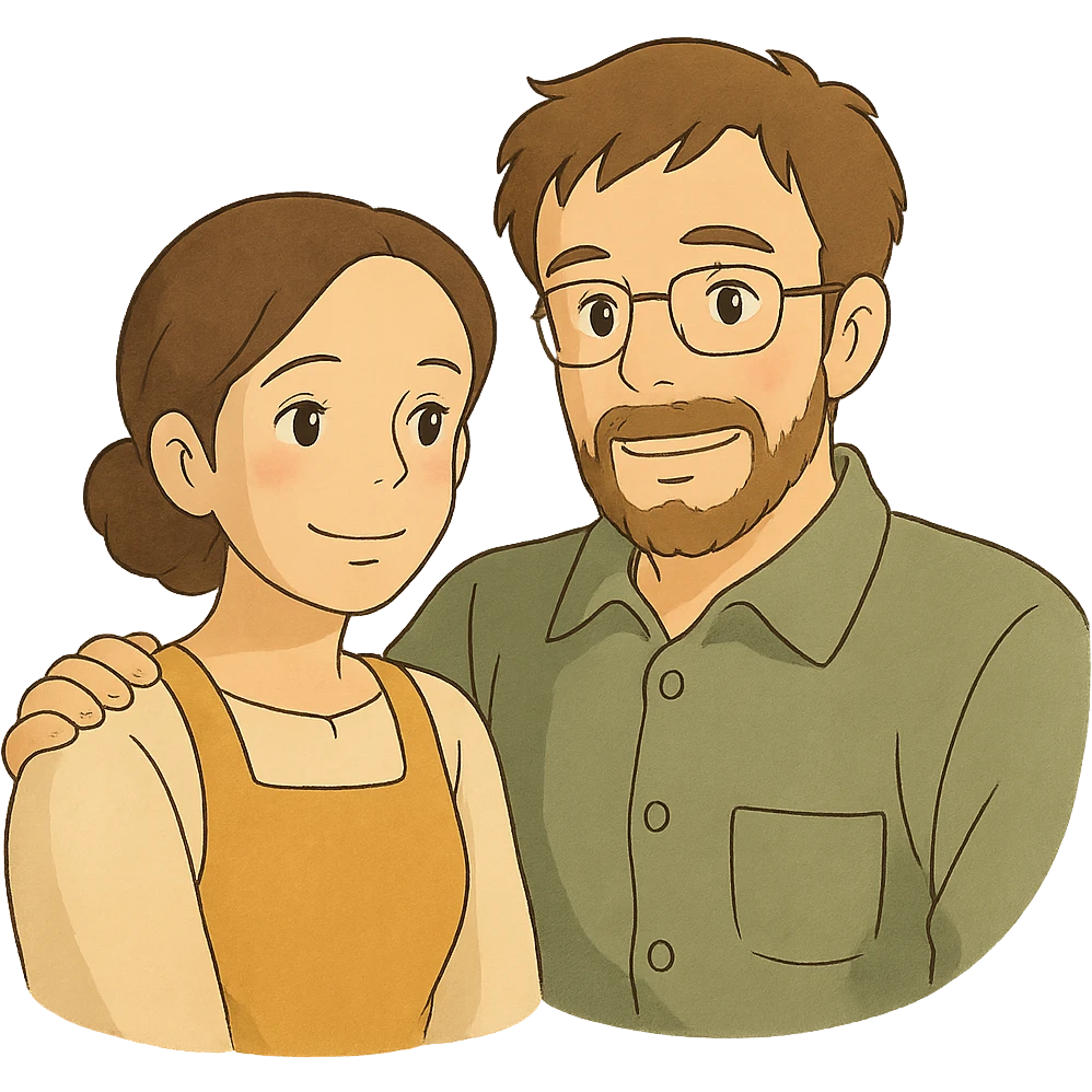 ghibli style illustration of two parents, warm and gentle emoji