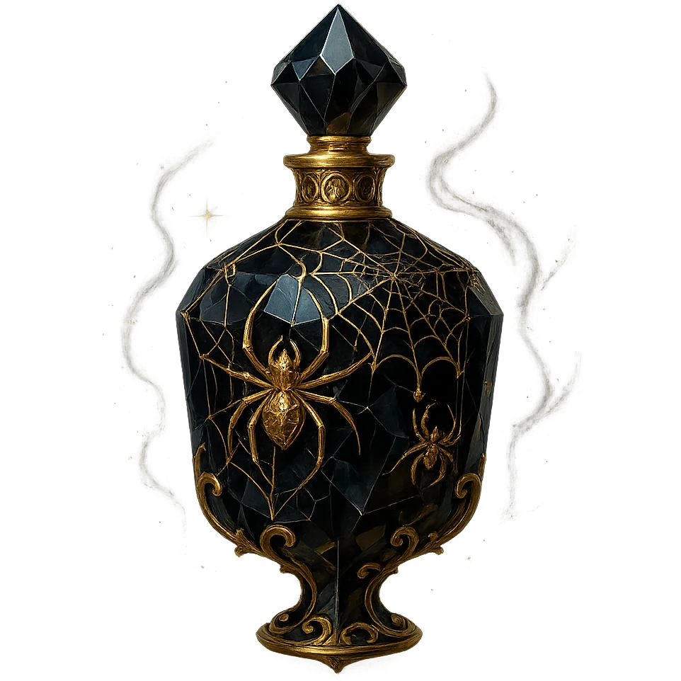 black crystal luxurious elixir bottle with lots of shine, facets, ornaments, decorated with spiders and spider webs, golden details, magical effects, very small golden neck, transparent background, beautiful merging base, clearly floating in the air, no base or shadow, premium class, matching a collection emoji