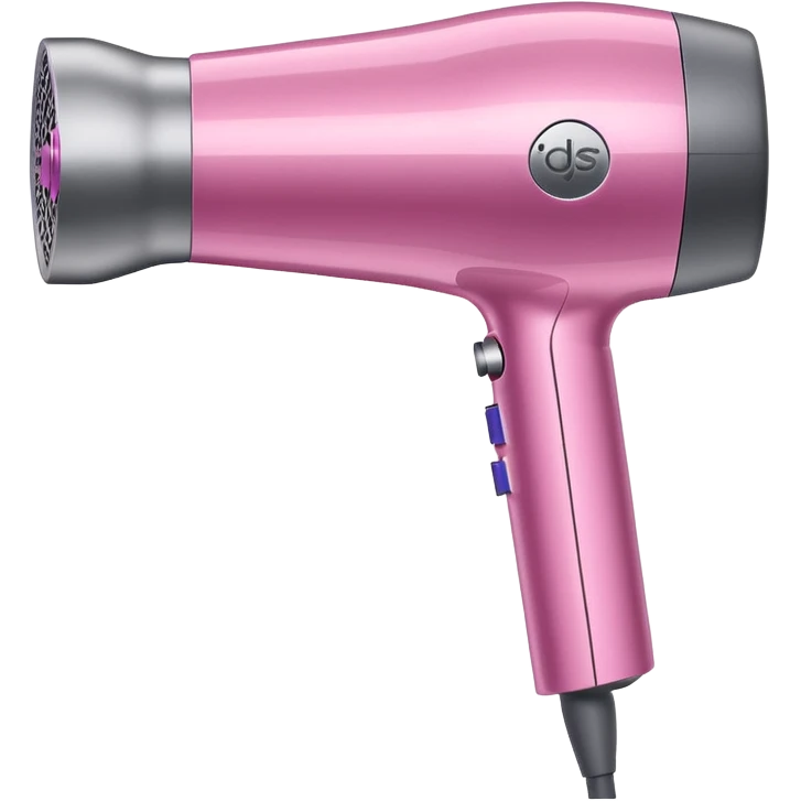 pink Dyson Supersonic hair dryer, side angle, realistic style, Features distinctive hollow circular head with the barrel running through the center, sleek modern design, glossy pink finish with metallic silver accents on the nozzle ring. Compact proportions , clean lines, slight shading. Grey Nozzle emoji