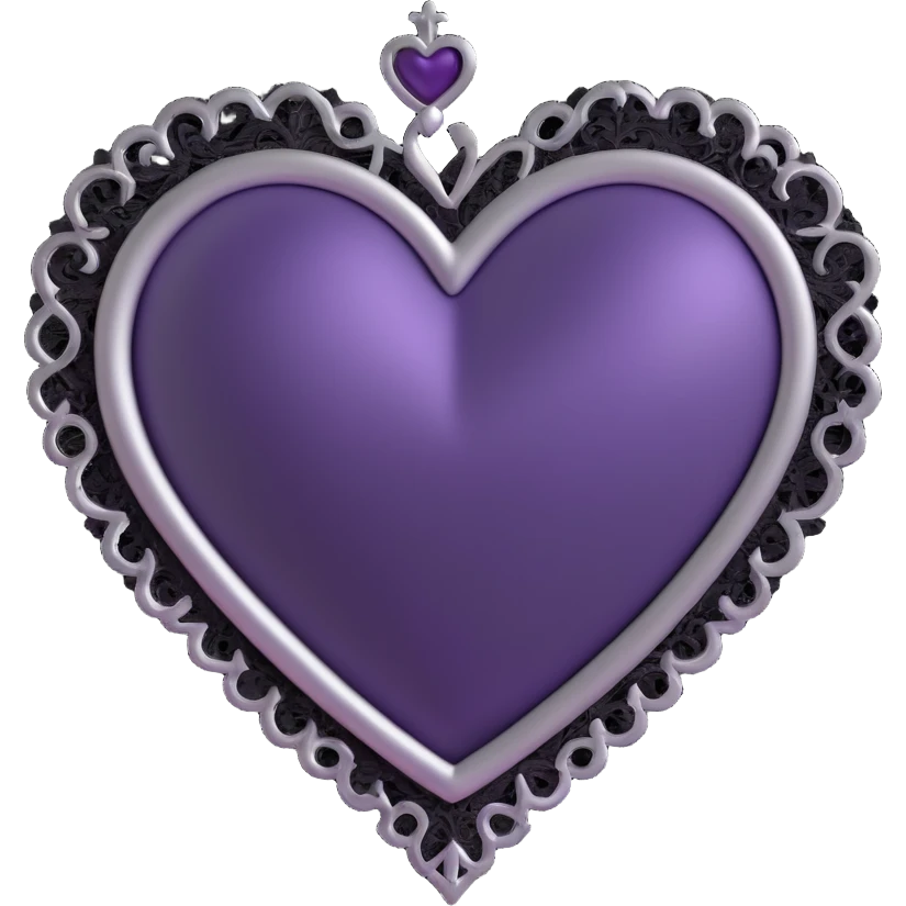 3D emoji gothic heart, dark purple satin, ornate silver frame, and black lace accents emoji