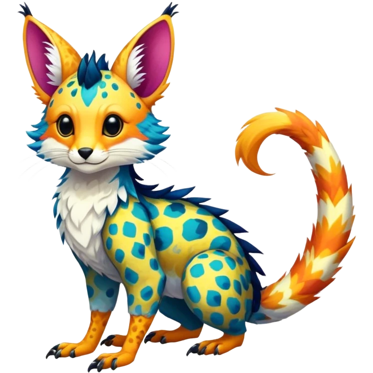 Feral Rare Fantasy vibrant colorful tropical Vernid-Trico-species by LiLaiRa, random markings, tufted tail, tufted ears, full body emoji