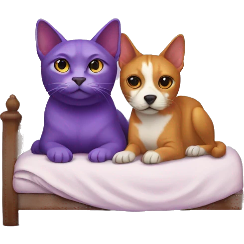 Violet colored cat and violet colored dog in a traditional bed emoji