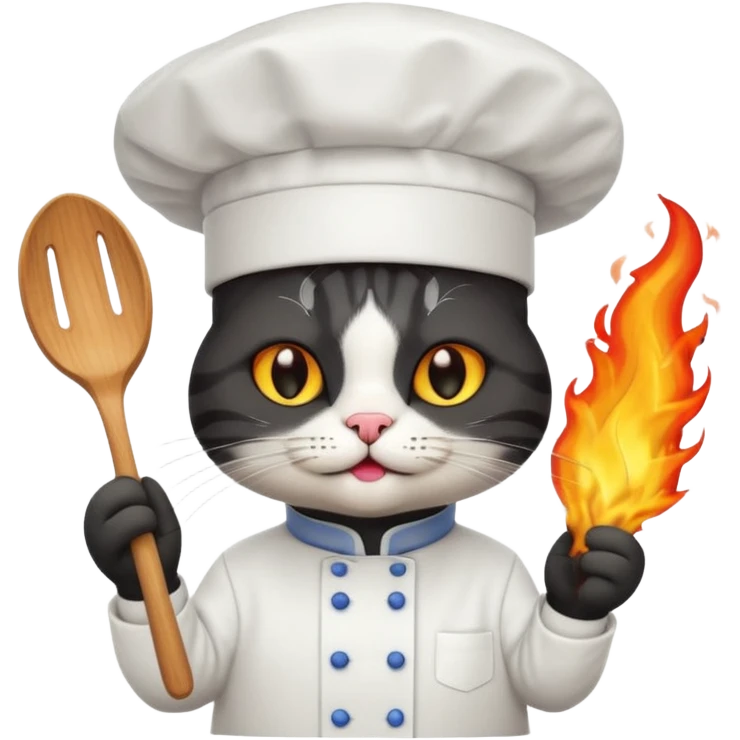black chef cat wearing a tall white chef hat, burning hat emoji