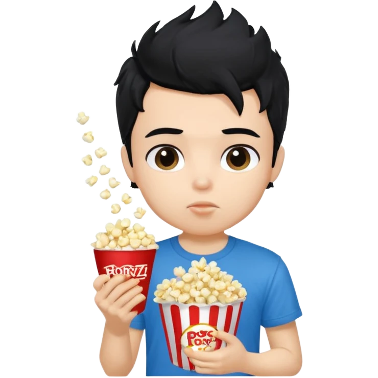generate a pretty fair bratz boy with a blue tshirt on. eating popcorn. messy black hair emoji