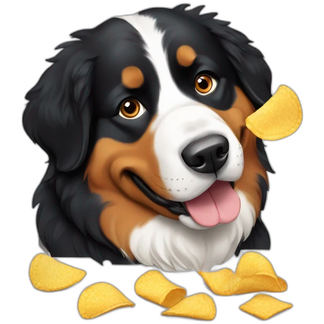 bernese dog eating chips an drinking beer emoji