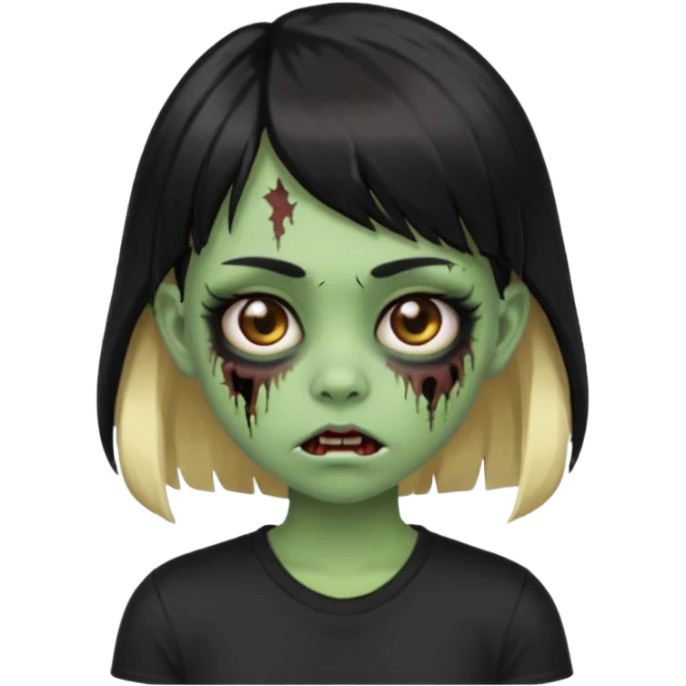 Girl with black hair and raccoon blonde streaks, bangs, light skin, zombie version, pale green skin, emoji style. emoji