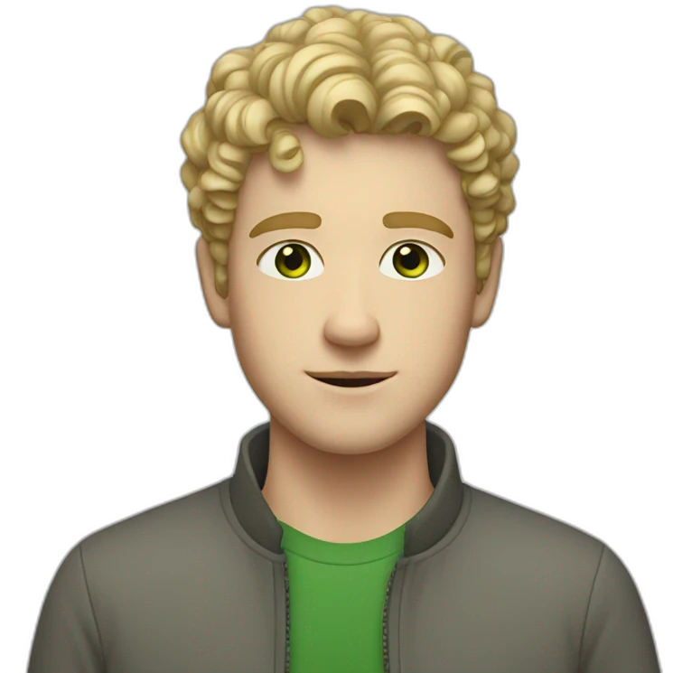 young adult white man with short, curly blond hair, green eyes emoji