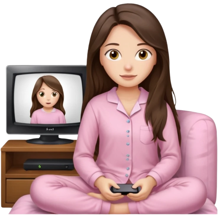 long haired brunette girl hazel eyes in light pink watching tv emoji