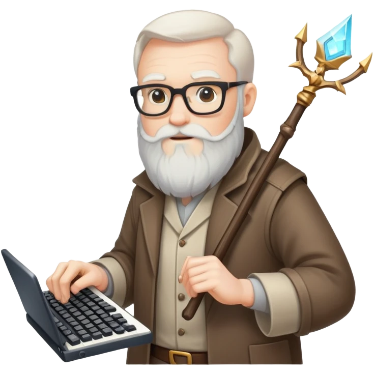 Wizardly looking old bearded geek, nerd, hacker with keyboard in one hand and magical staff in other hand emoji