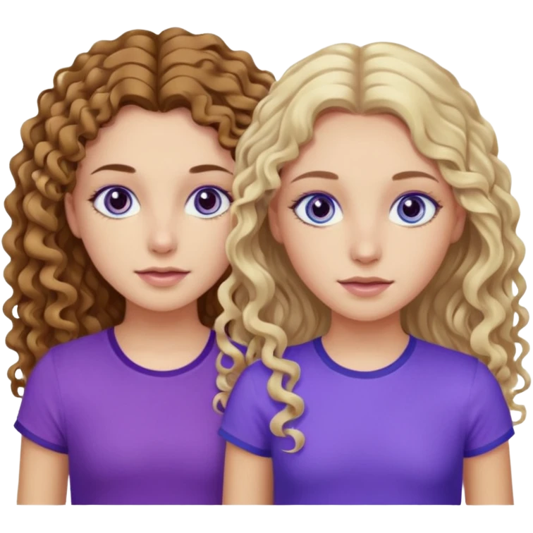Twin sisters, one has brown eyes, long curly brown hair, the other one has blue eyes and straight blond hair purple top emoji