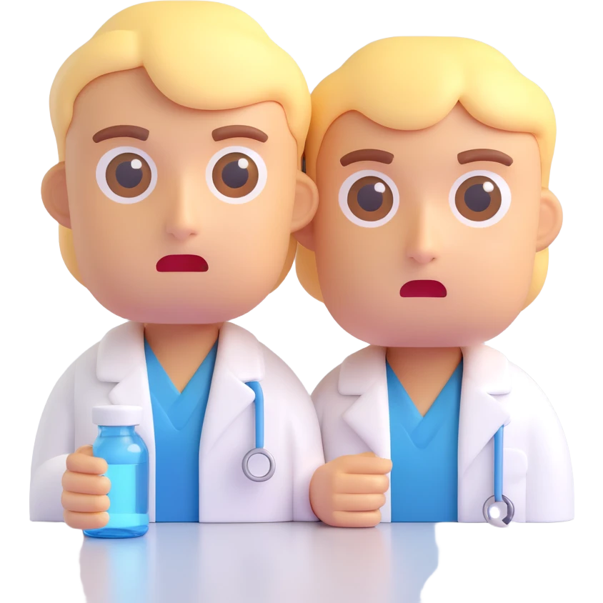Close-up of two normal people's faces with concerned expressions, both choosing between two medical product options, in the same 3D emoji style as the reference image, with a neutral background. emoji