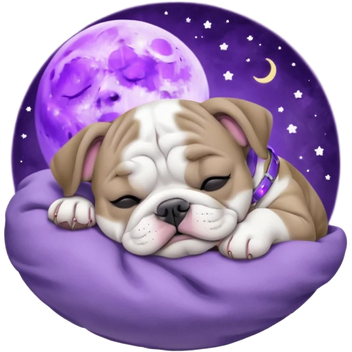purple moon with a sleeping grey bull dog puppy with a purple collar emoji