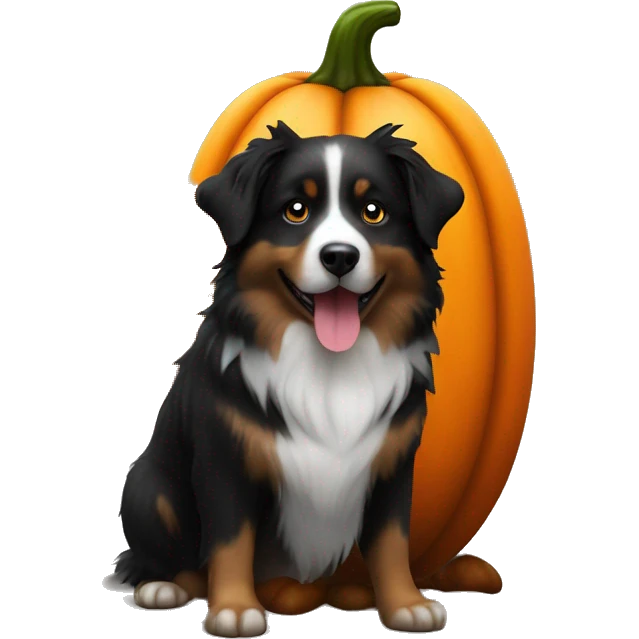 Small black australian shepherd dog in a pumpkin emoji