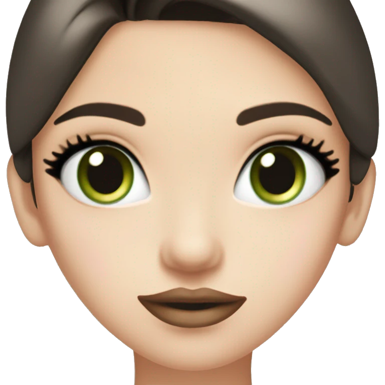 beautiful girl with high cheek bones, long straight shiny dark brown hair, big green eyes and big pale pink lips. Long thick eyelashes. Wearing a cream bustier. emoji