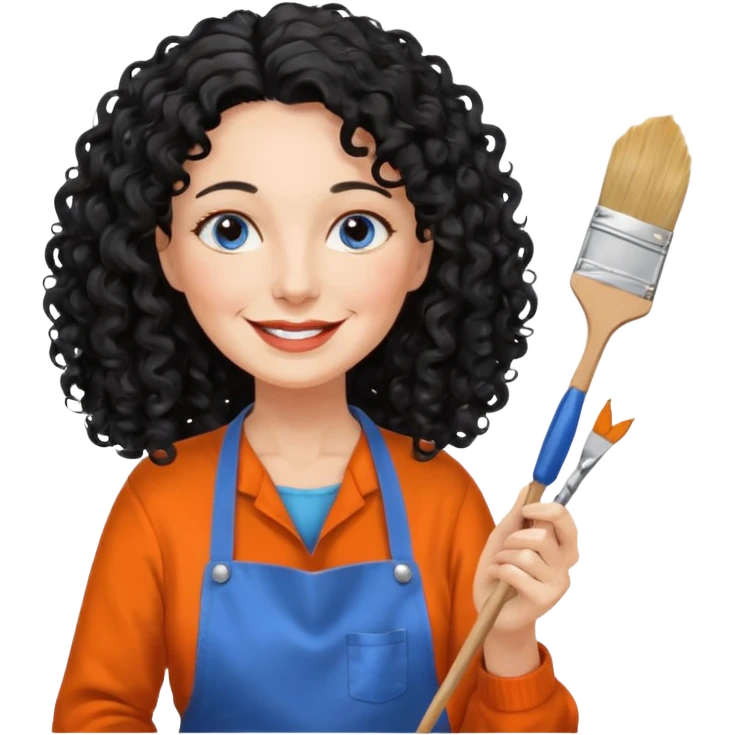FEMME BLANCHE FRISÉ 60 ANS CHEVEUX NOIR FRISÉ ONDULÉ TRÈS  LONG , SOURIANTE AVEC CHANDAIL ORANGE ,   YEUX BLEU ET UN PINCEAU À LA MAIN LA MAIN AVEC 5 DOIGT SEULEMENT ET TABLIER emoji