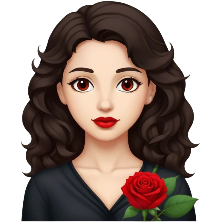 A woman with dark wavy hair, a single red rose behind one ear, and a confident gaze emoji