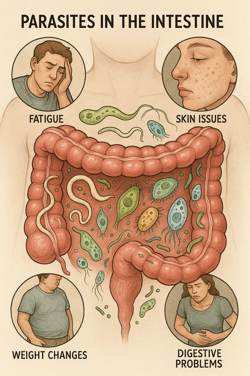 Parassiti all'interno dell'intestino che alterano tutto del corpo umano emoji
