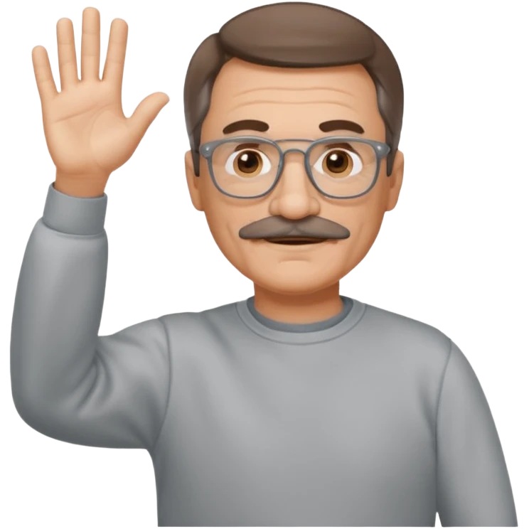 60 yr man partial brown hair parted in center, mustache, light glasses, sweatshirt waving hello emoji