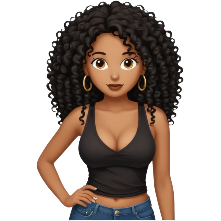brown skinned lady with curly black hair long hair, messy, nice curves, busty, low cut tank top emoji