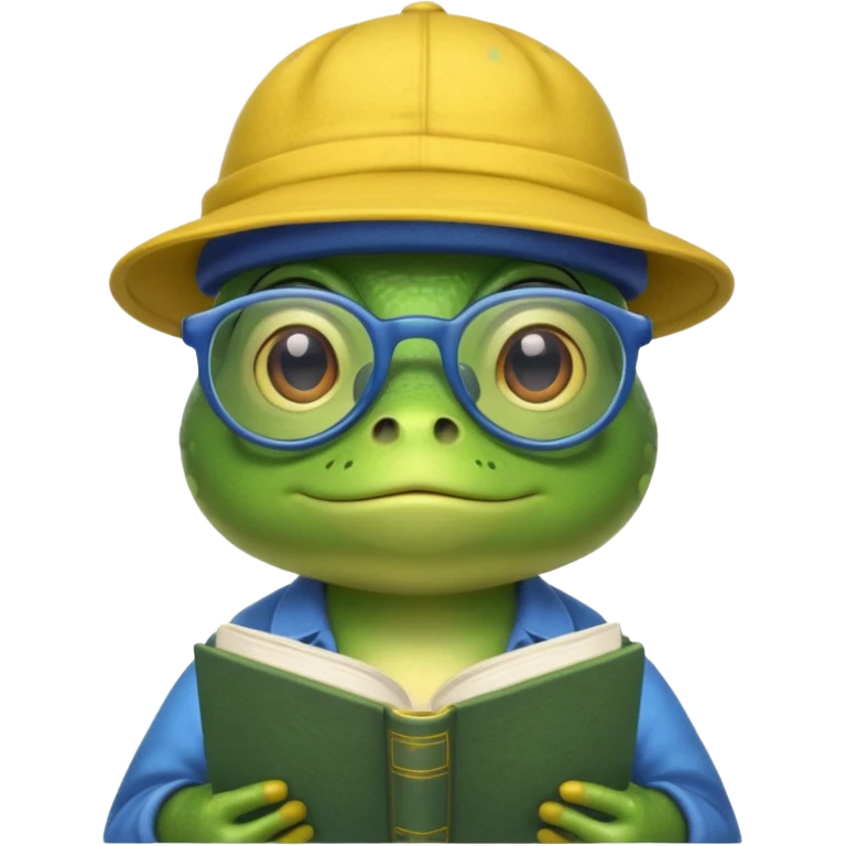frog wearing yellow hat with glasses and blue book emoji
