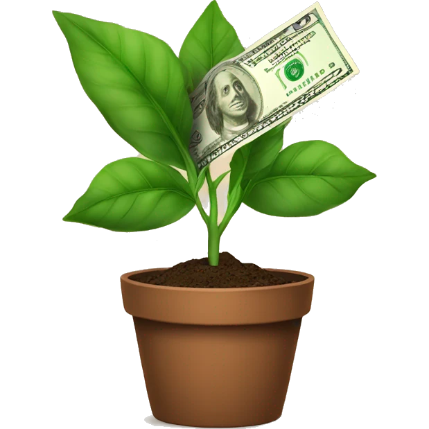 a plant in a brown pot growing dollar bills as the tree emoji