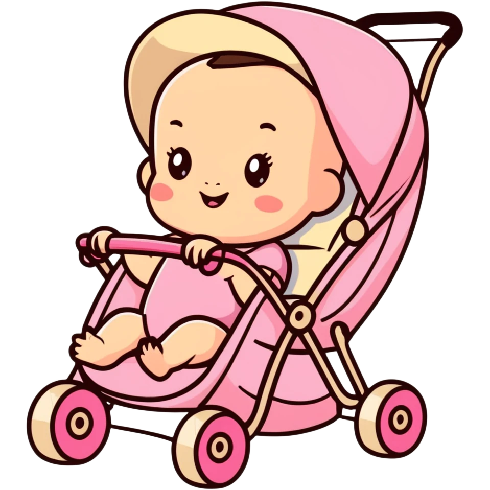 happy baby sitting in a pink gradient and beige stroller emoji