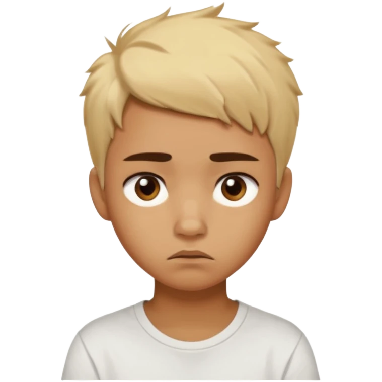caramel skin color. Teen age. Short buzz, messy blonde hair, dark brown bushy eyebrows large expressive golden-brown eyes, brown skin color, scar over nose, wearing a plain white t-shirt. Disappointed thinking facial expression. caramel skin color emoji