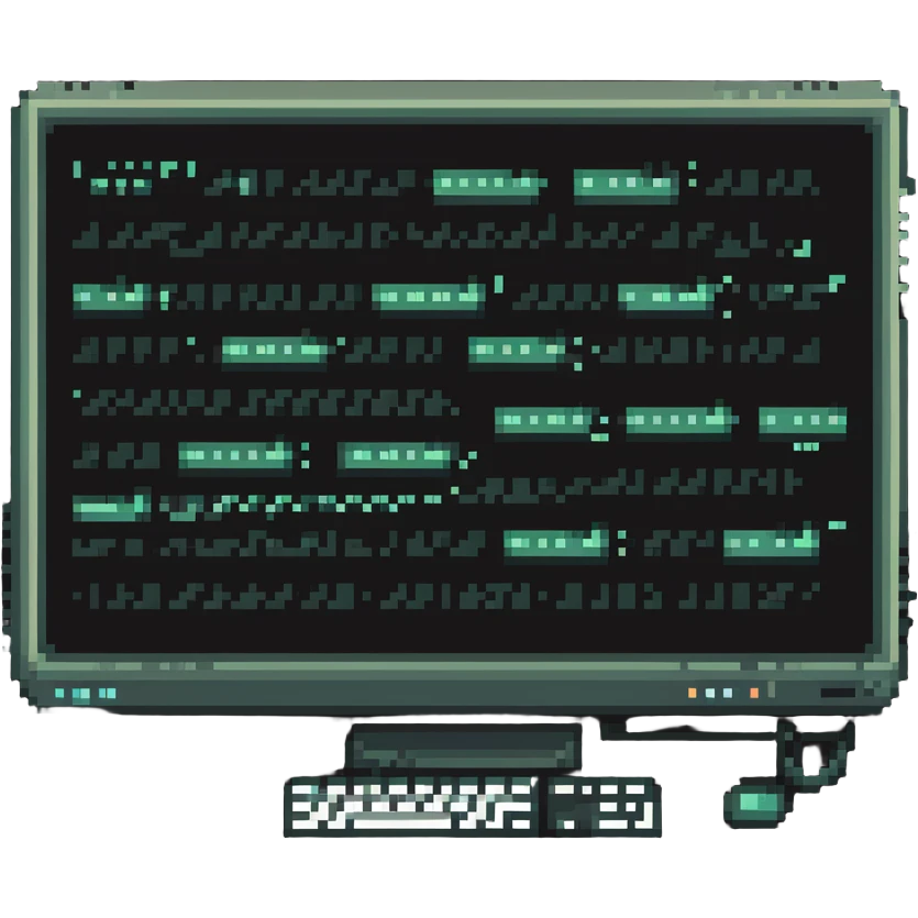 computer screen with messy Swift code and exclamation marks, pixel art style emoji